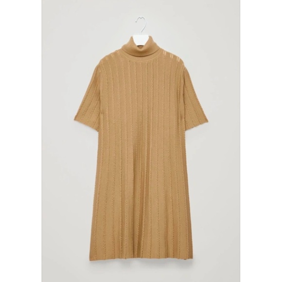 COS Beige Tan Wool Blend Scallop Pleated Knit Turtleneck Knee High Dress Sz S - Picture 16 of 16